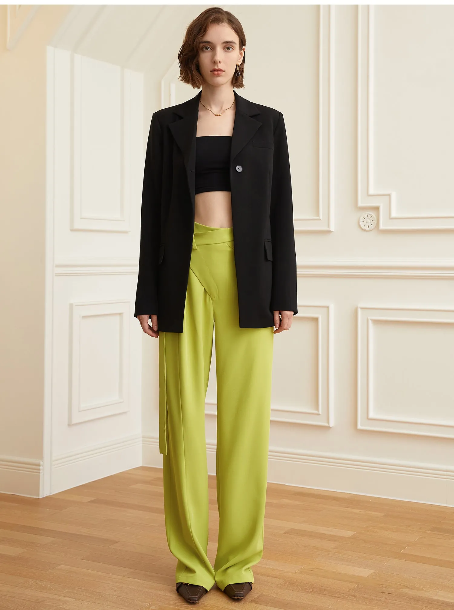 Lemon Yellow Asymmetrical High Waist Trousers- Bolin