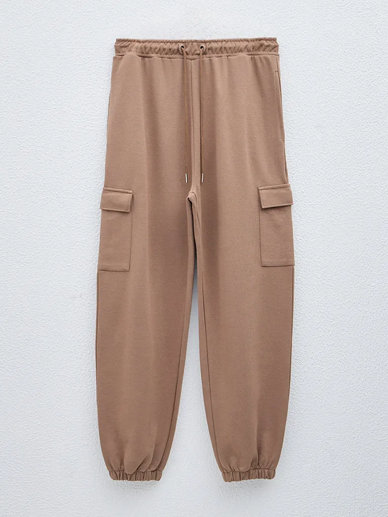 LOV Taupe Cargo-Style High-Rise Joggers