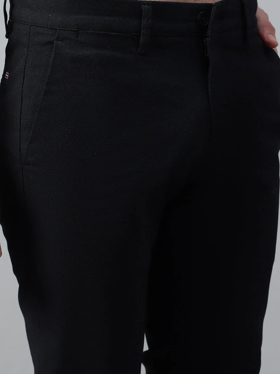 Men's Black Self Design Non-Pleated Stretchable Casual Trouser