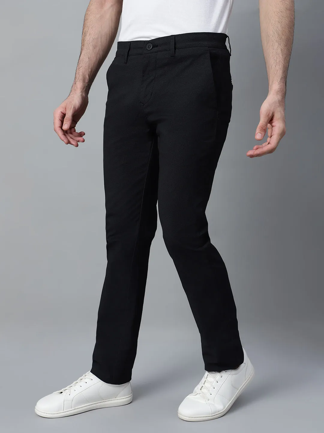 Men's Black Self Design Non-Pleated Stretchable Casual Trouser