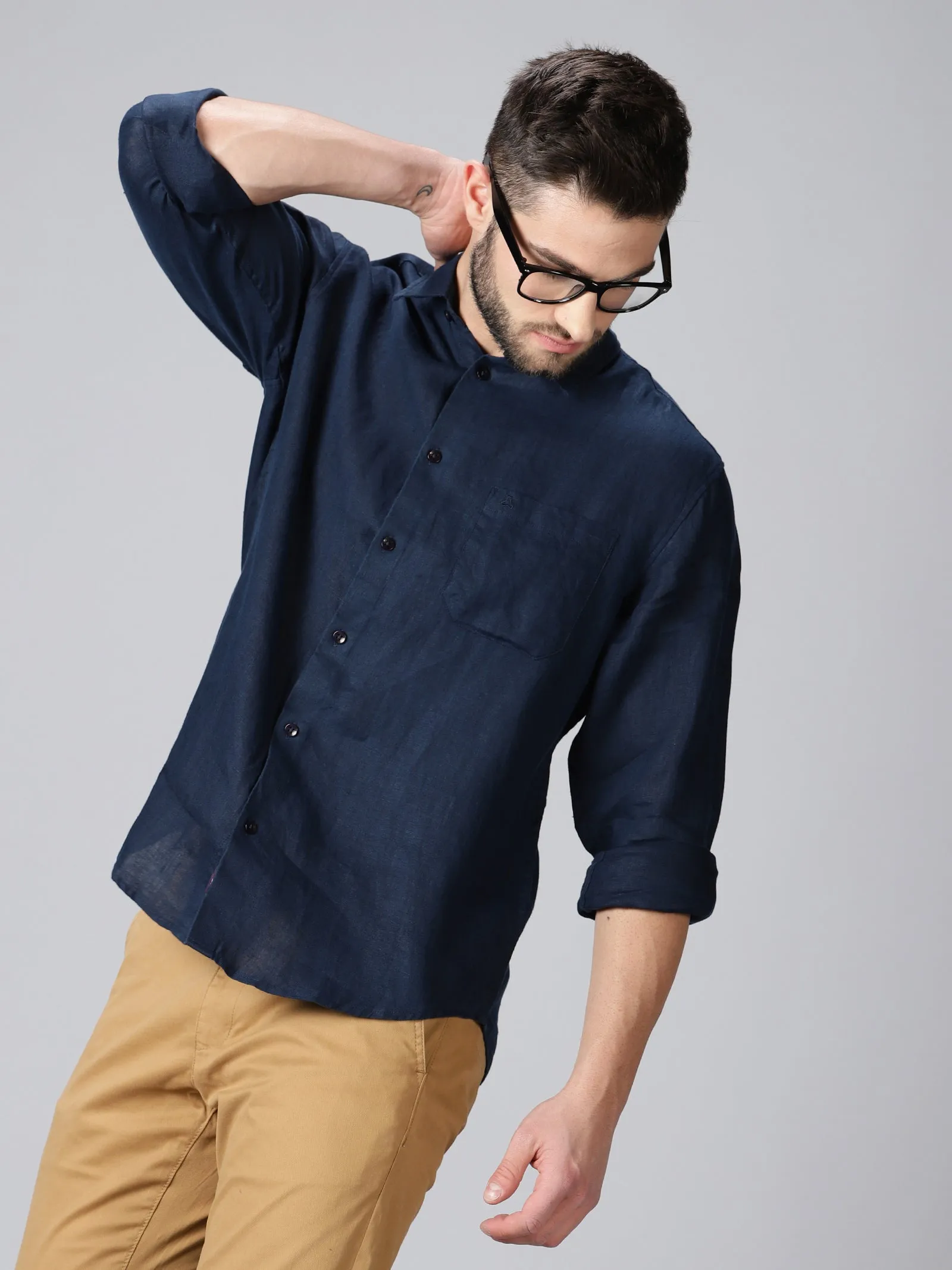 MEN'S LINEN NAVY SOLID SLIM FIT SHIRT