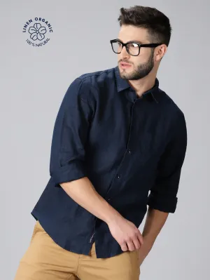 MEN'S LINEN NAVY SOLID SLIM FIT SHIRT