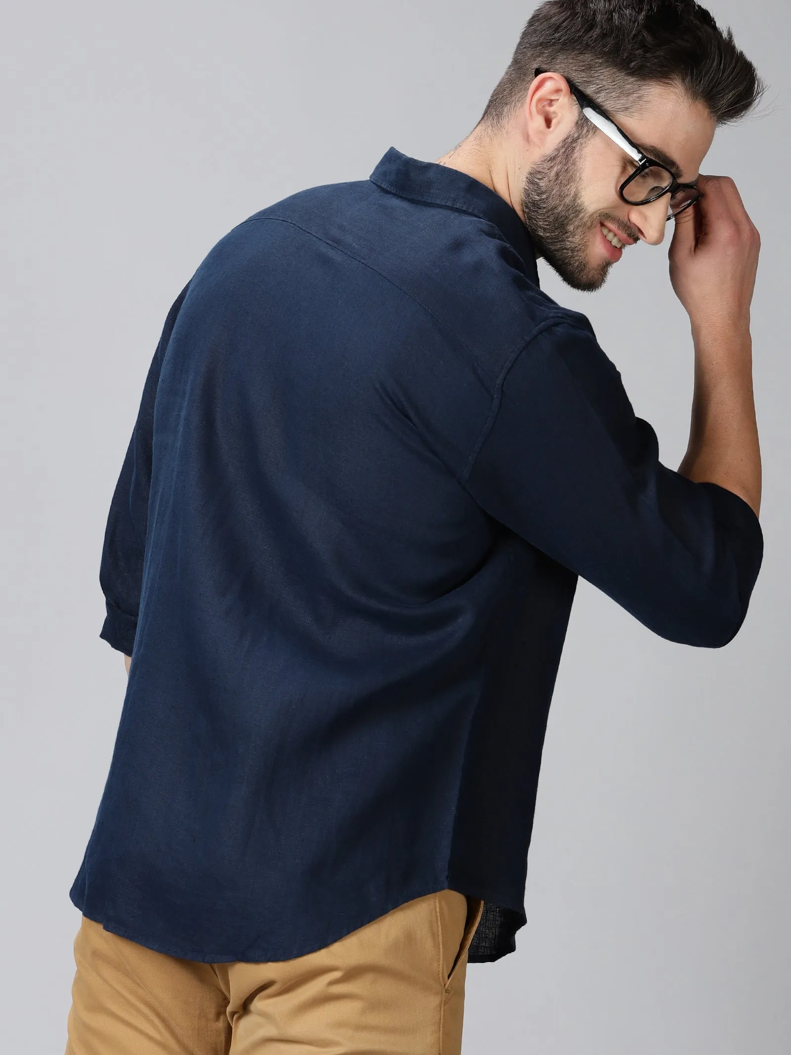 MEN'S LINEN NAVY SOLID SLIM FIT SHIRT