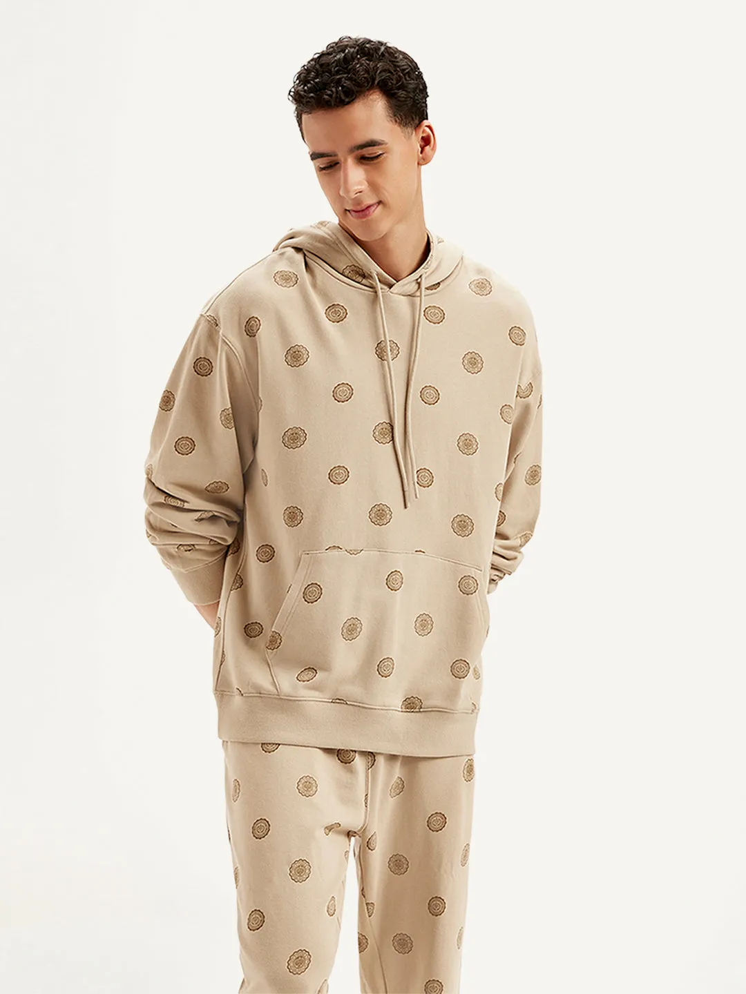 Men's Printed Khaki Hooded Sweatshirt