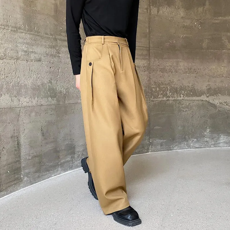 Men's Thickened Trousers Solid Color Korean Style Wide Leg Straight Leg Casual Pants Trend Autumn Winter Belt Design 9C3478