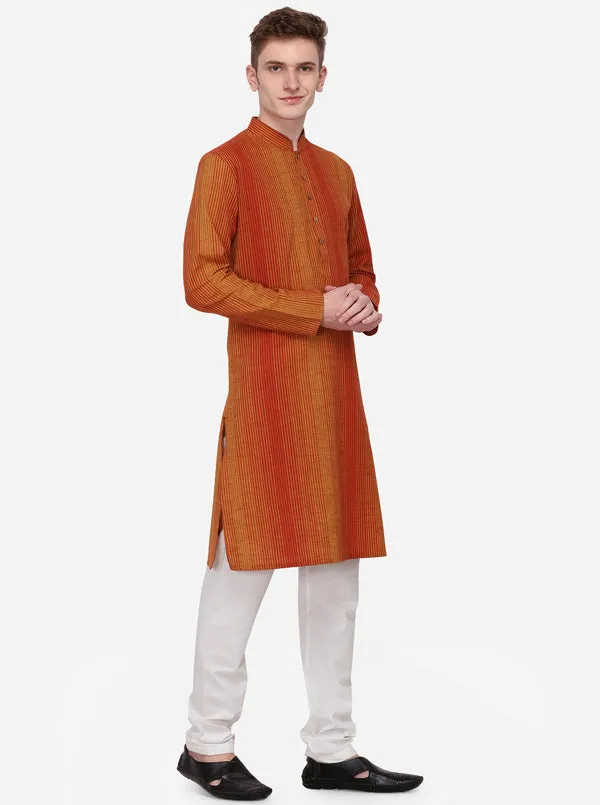 Mustard Yellow & Red Striped Regular Fit Kurta | Azania