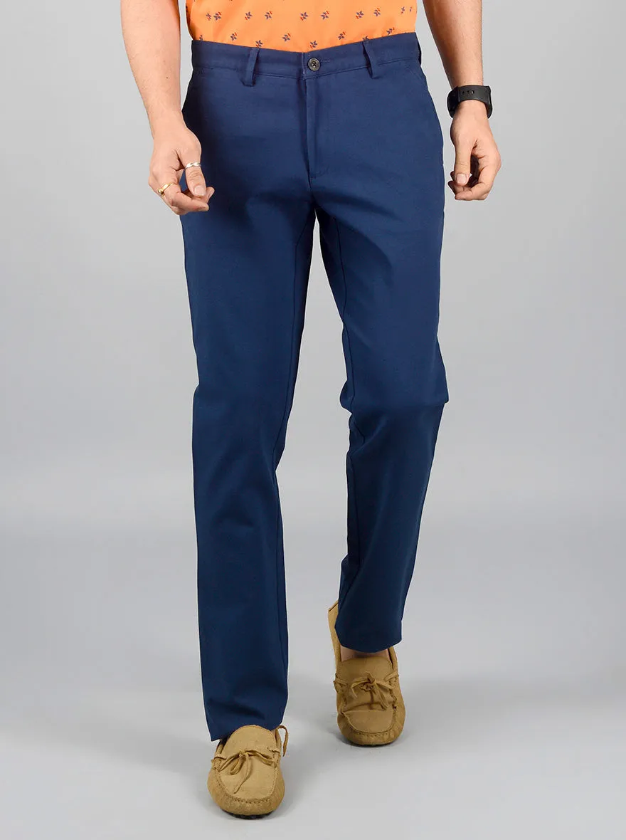 Navy Blue Solid Slim Fit Casual Trouser | JadeBlue