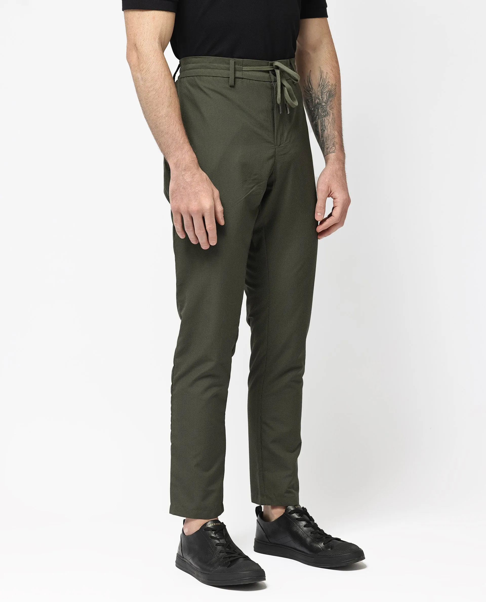 Rare Rabbit Men's Saco Olive Polyester Fabric Regular Fit Drawstring Closure Seersucker Trouser