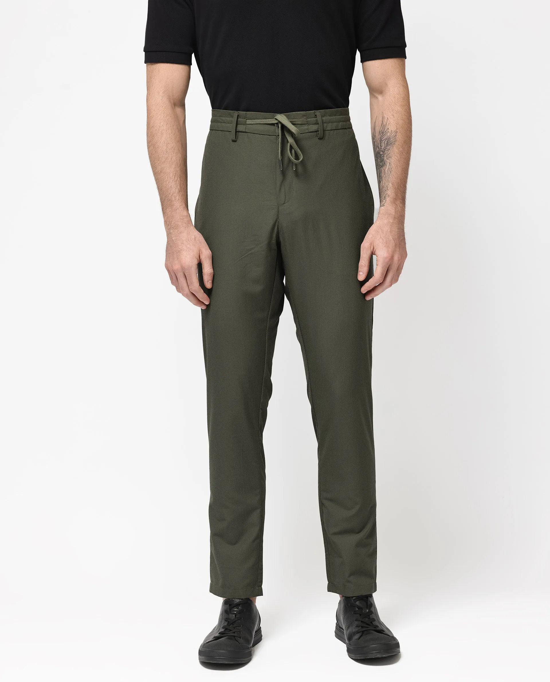 Rare Rabbit Men's Saco Olive Polyester Fabric Regular Fit Drawstring Closure Seersucker Trouser