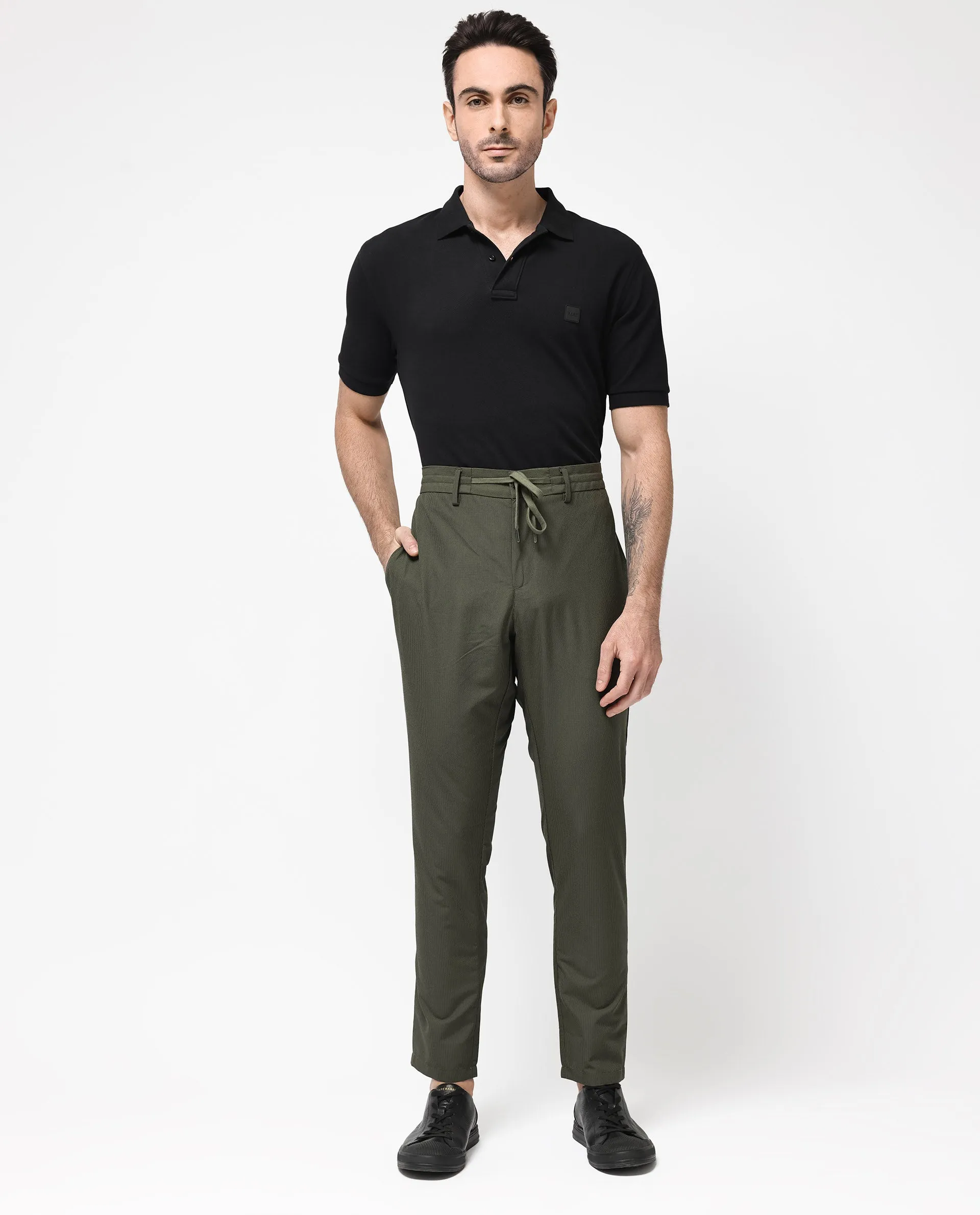 Rare Rabbit Men's Saco Olive Polyester Fabric Regular Fit Drawstring Closure Seersucker Trouser