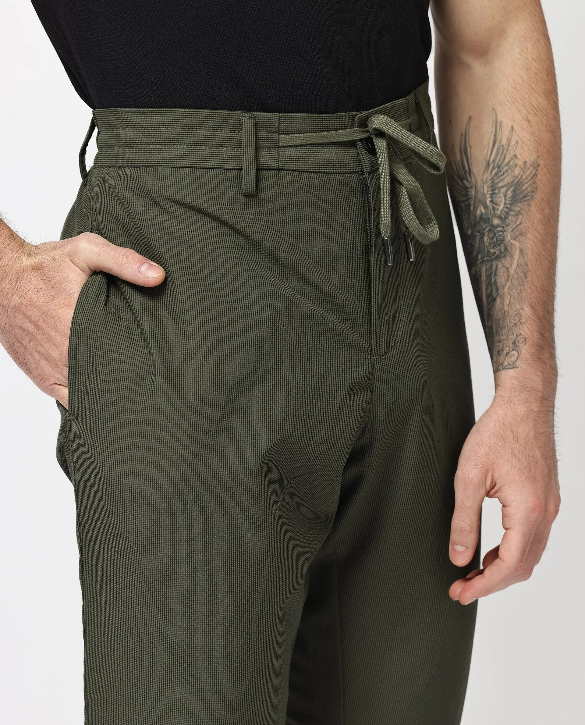 Rare Rabbit Men's Saco Olive Polyester Fabric Regular Fit Drawstring Closure Seersucker Trouser