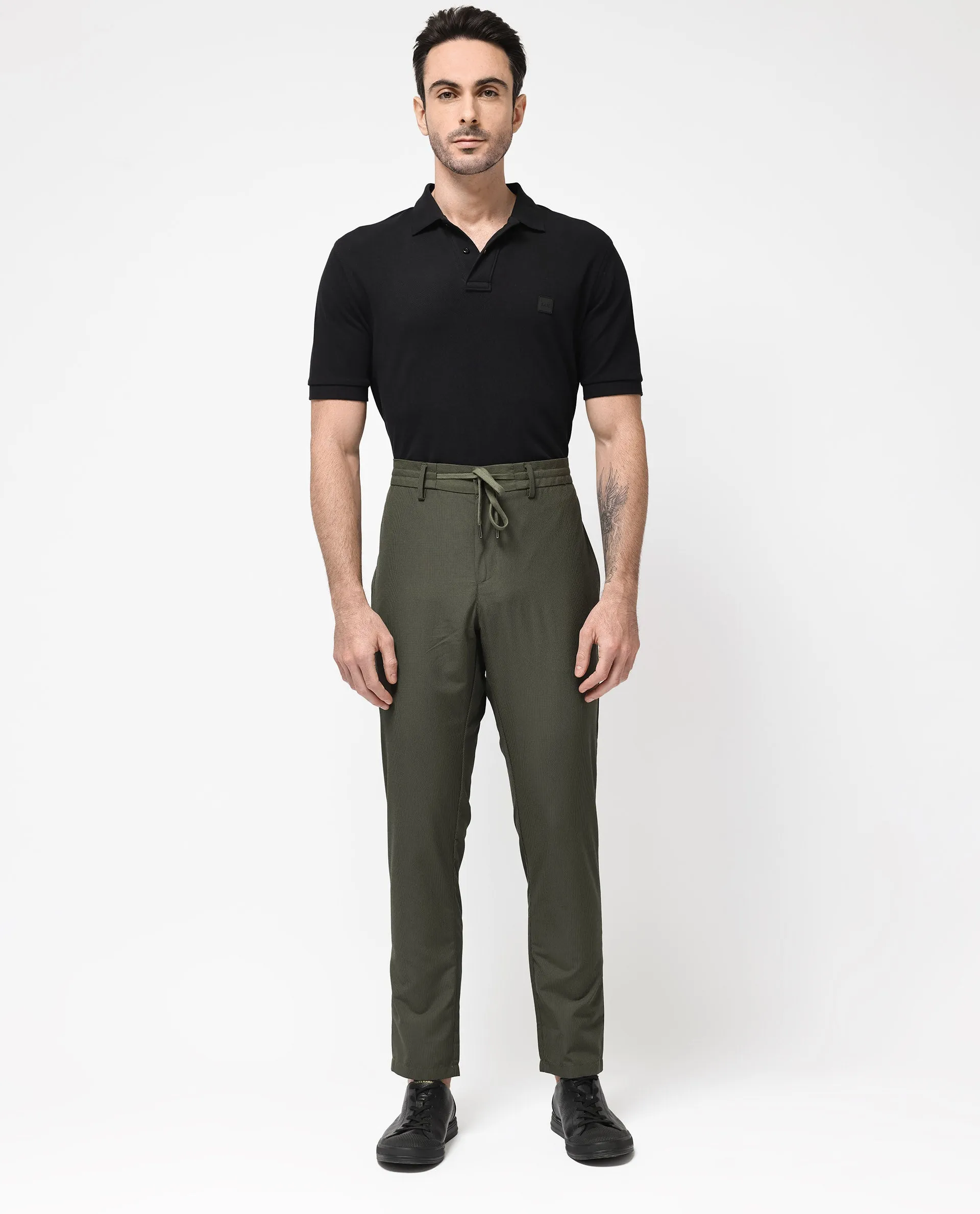 Rare Rabbit Men's Saco Olive Polyester Fabric Regular Fit Drawstring Closure Seersucker Trouser