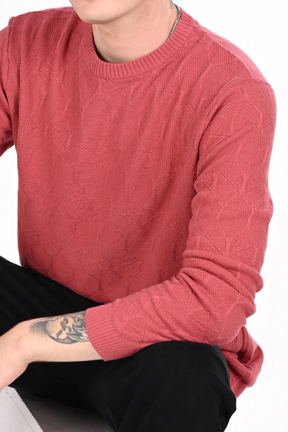 Red Textured Regular Fit Sweater