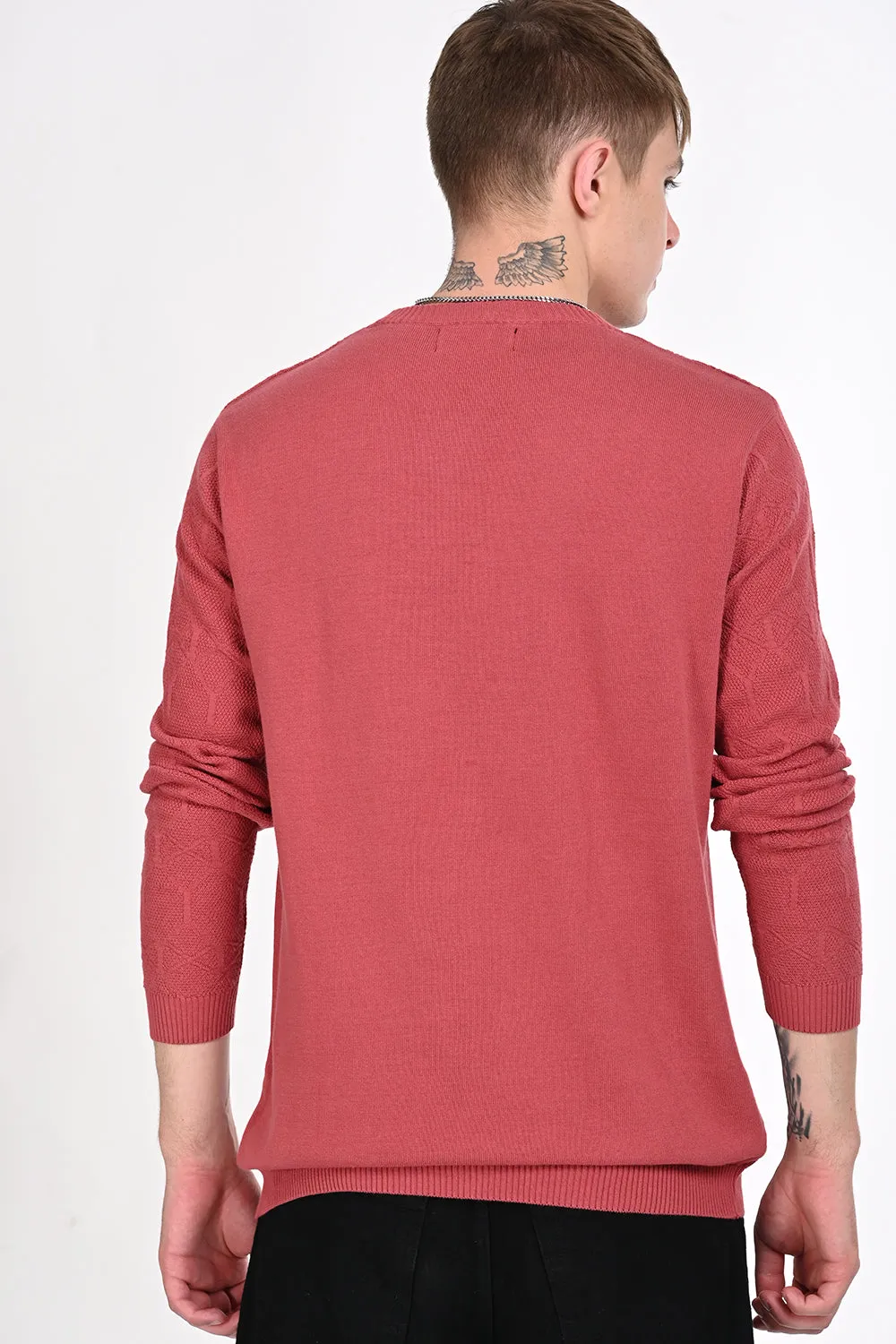 Red Textured Regular Fit Sweater