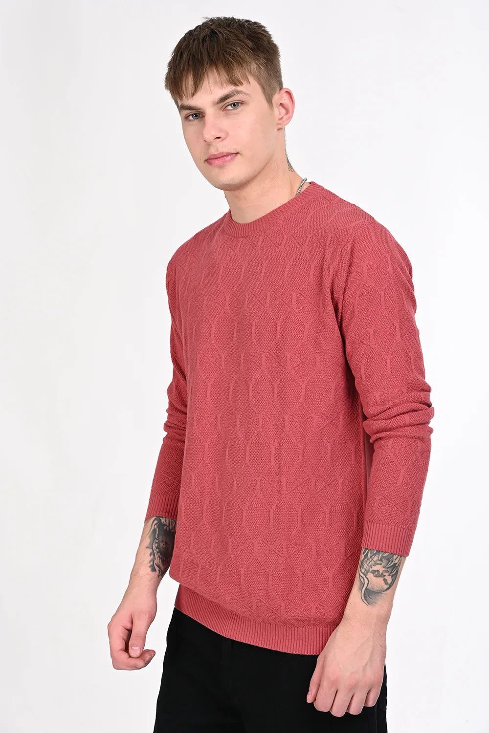 Red Textured Regular Fit Sweater