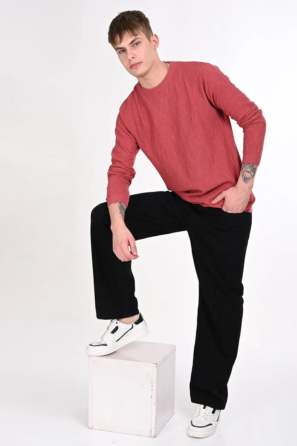 Red Textured Regular Fit Sweater