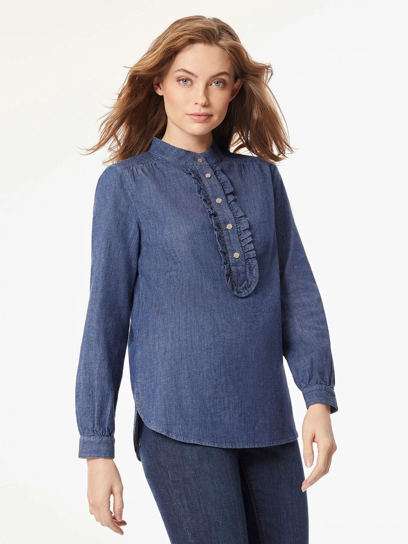 Ruffle Front Denim Popover Tunic