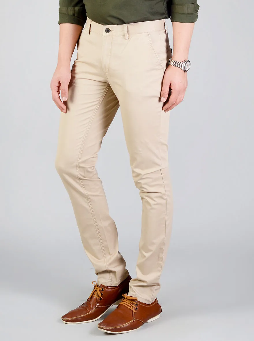 Sand Brown Self Textured Slim Fit Casual Trouser | JadeBlue