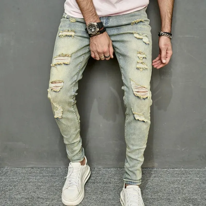 Vintage Men's Ripped Skinny Pencil Jeans Pants Hip Hop Stylish Denim Trousers