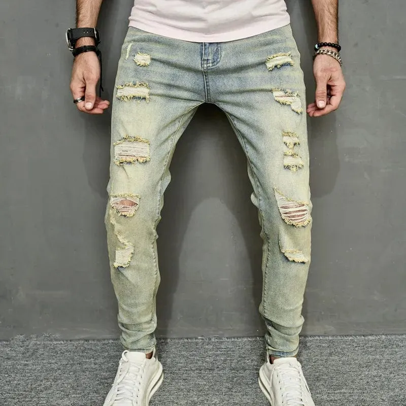 Vintage Men's Ripped Skinny Pencil Jeans Pants Hip Hop Stylish Denim Trousers