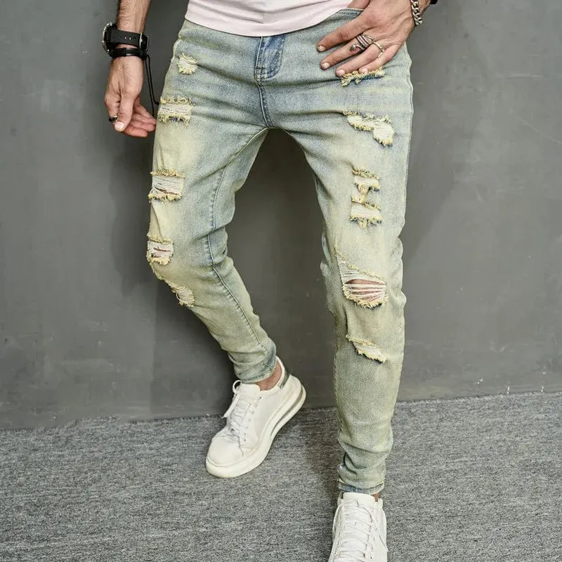 Vintage Men's Ripped Skinny Pencil Jeans Pants Hip Hop Stylish Denim Trousers