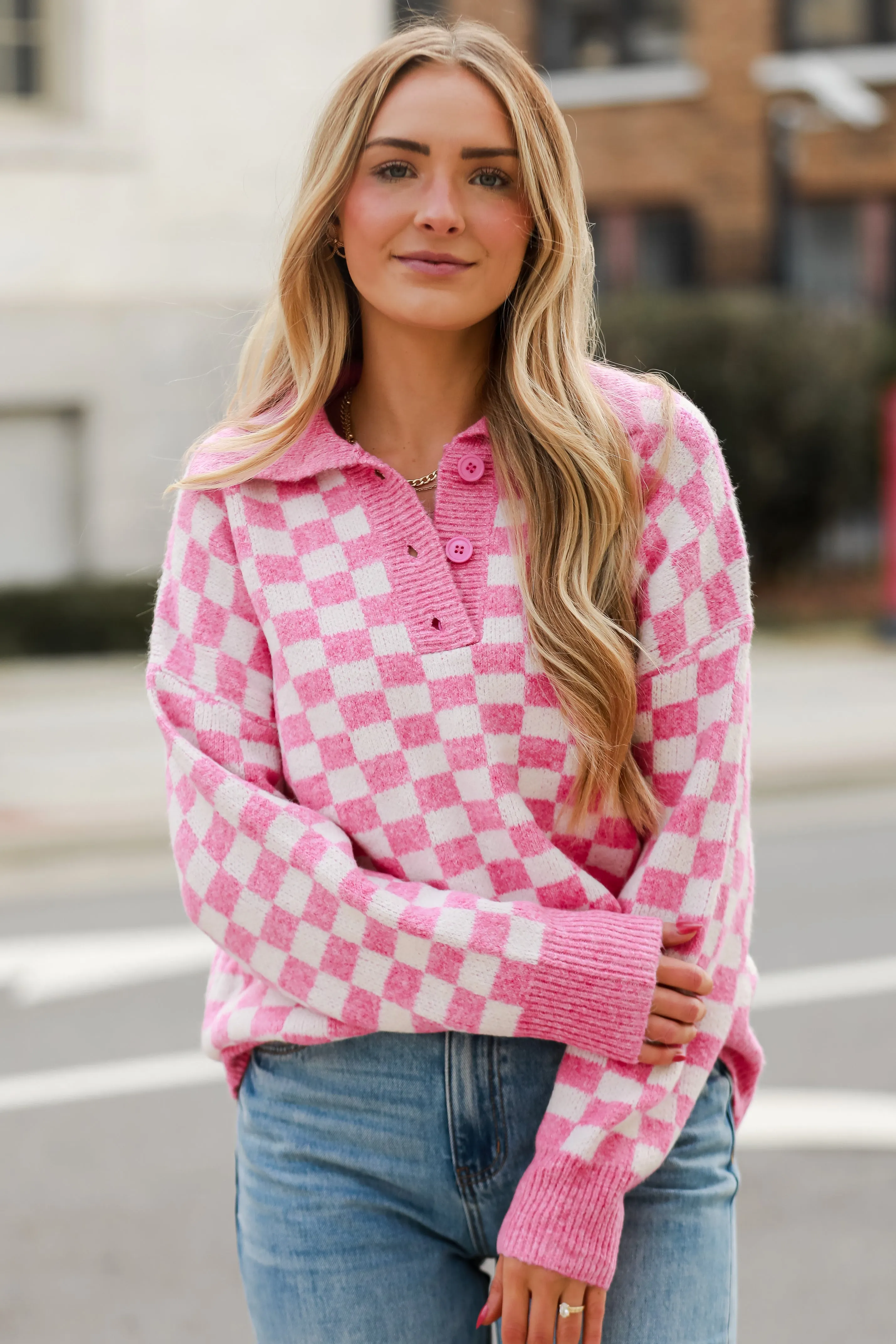 Warmly Adored Pink Checkered Collared Oversized Sweater