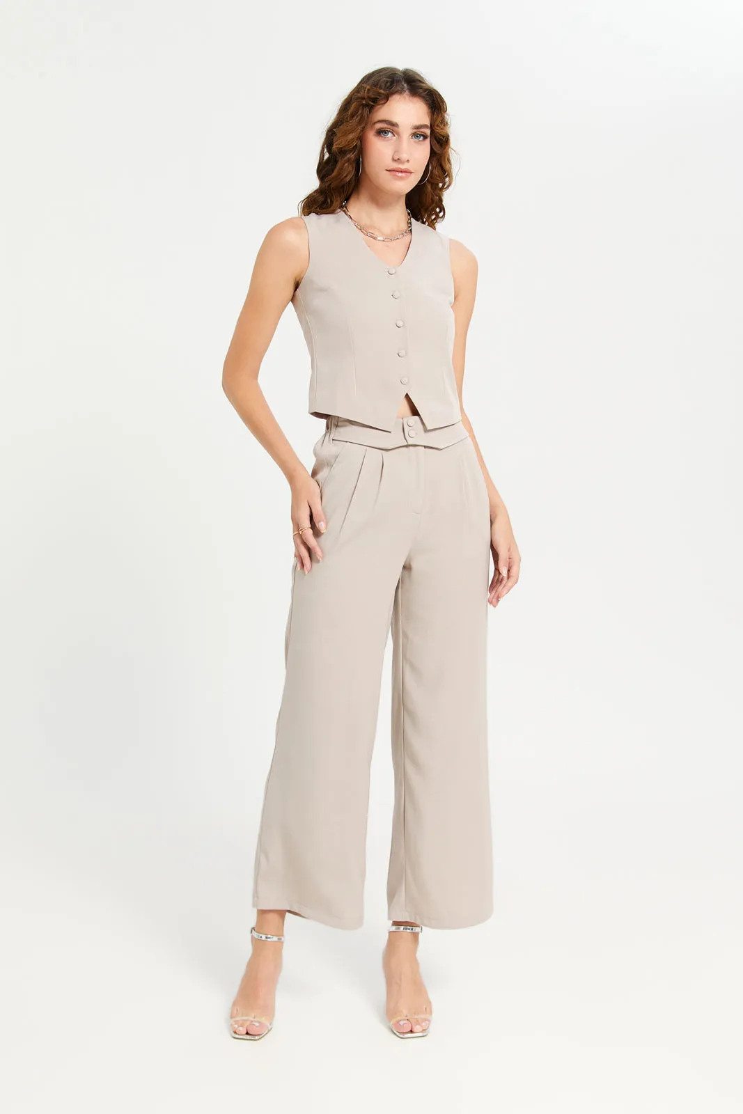 Women Beige Waistband Detail Trouser