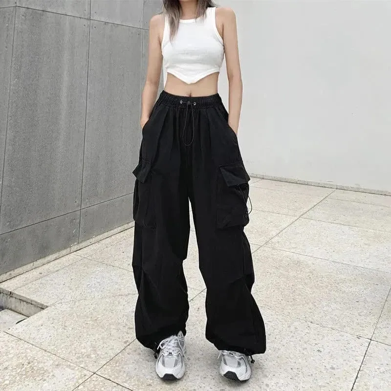 Women’s Black Wide Leg Cargo Pants with High Waist and Pockets