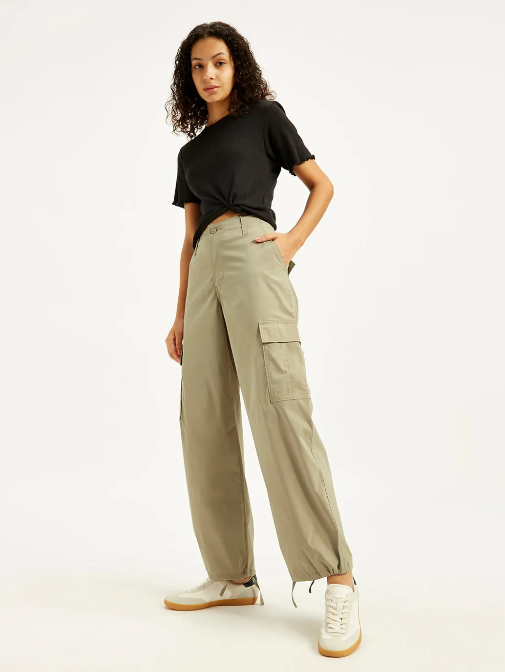 Women's Mid Rise Grey Baggy Fit Cargo Trousers