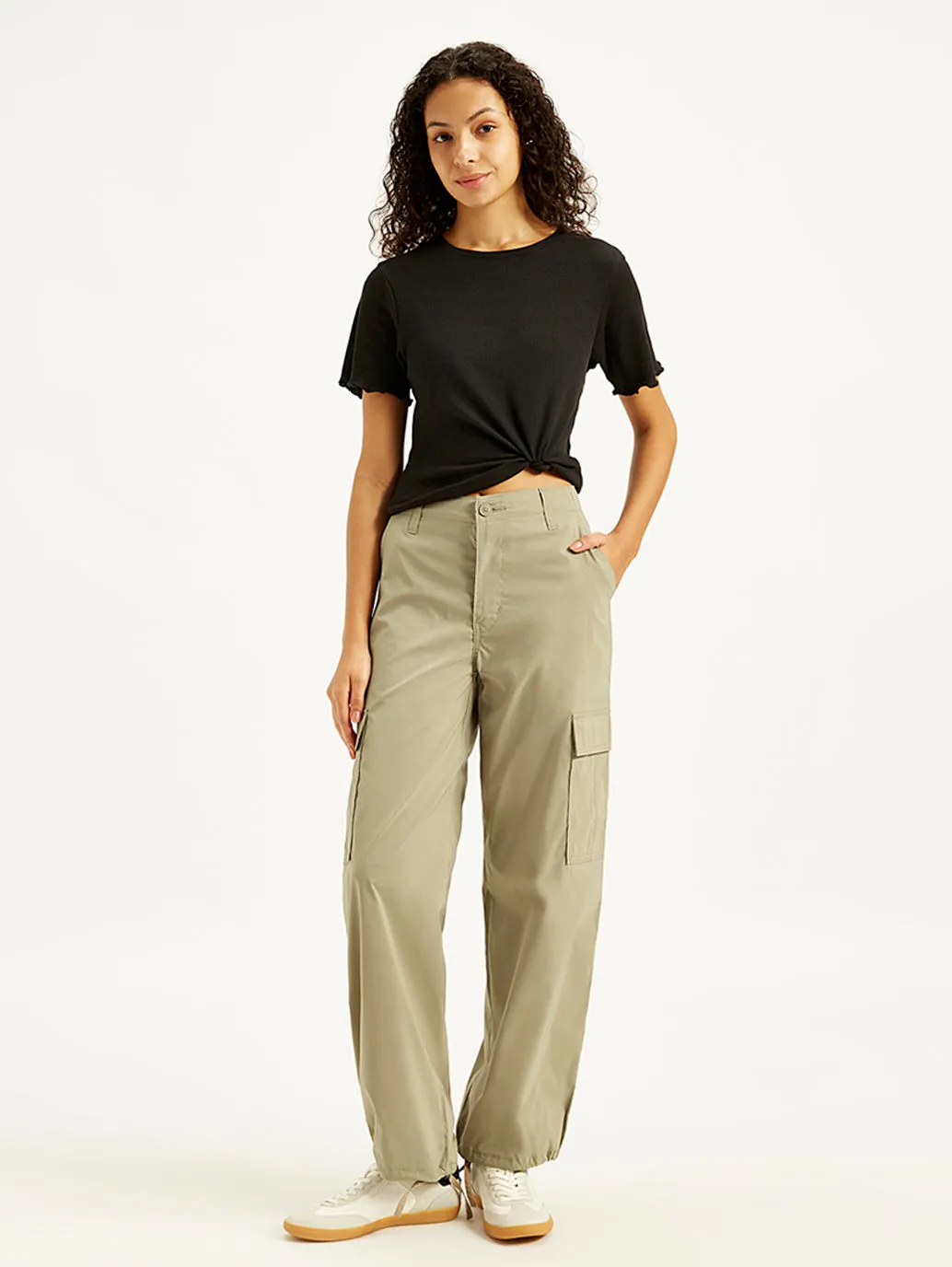 Women's Mid Rise Grey Baggy Fit Cargo Trousers