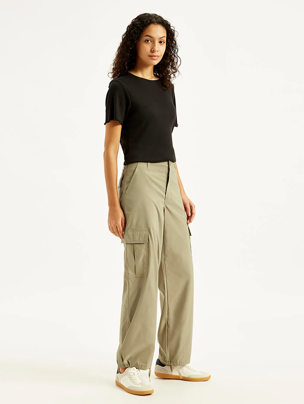 Women's Mid Rise Grey Baggy Fit Cargo Trousers