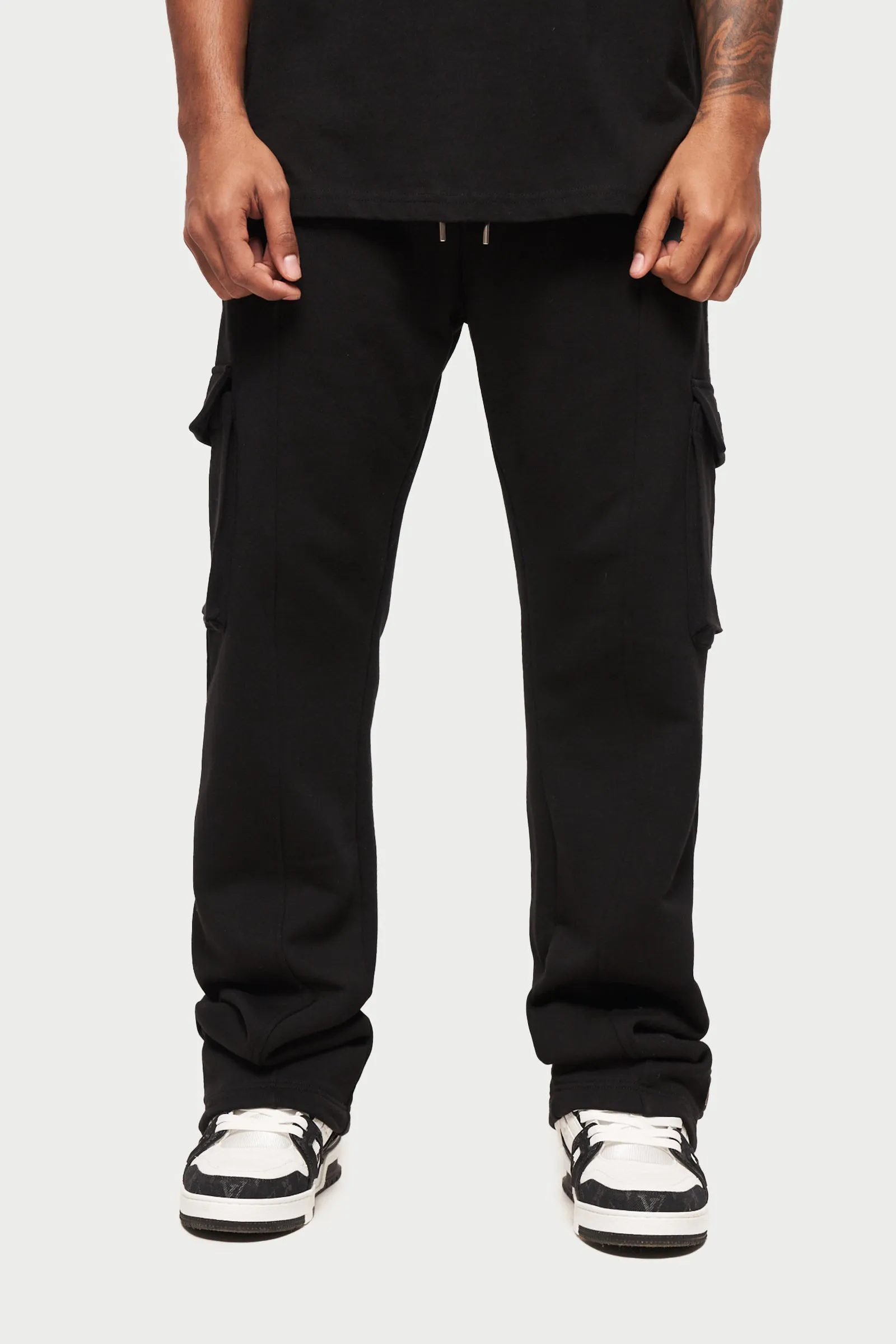 ZIP DETAIL WIDE LEG JERSEY CARGO JOGGERS - BLACK