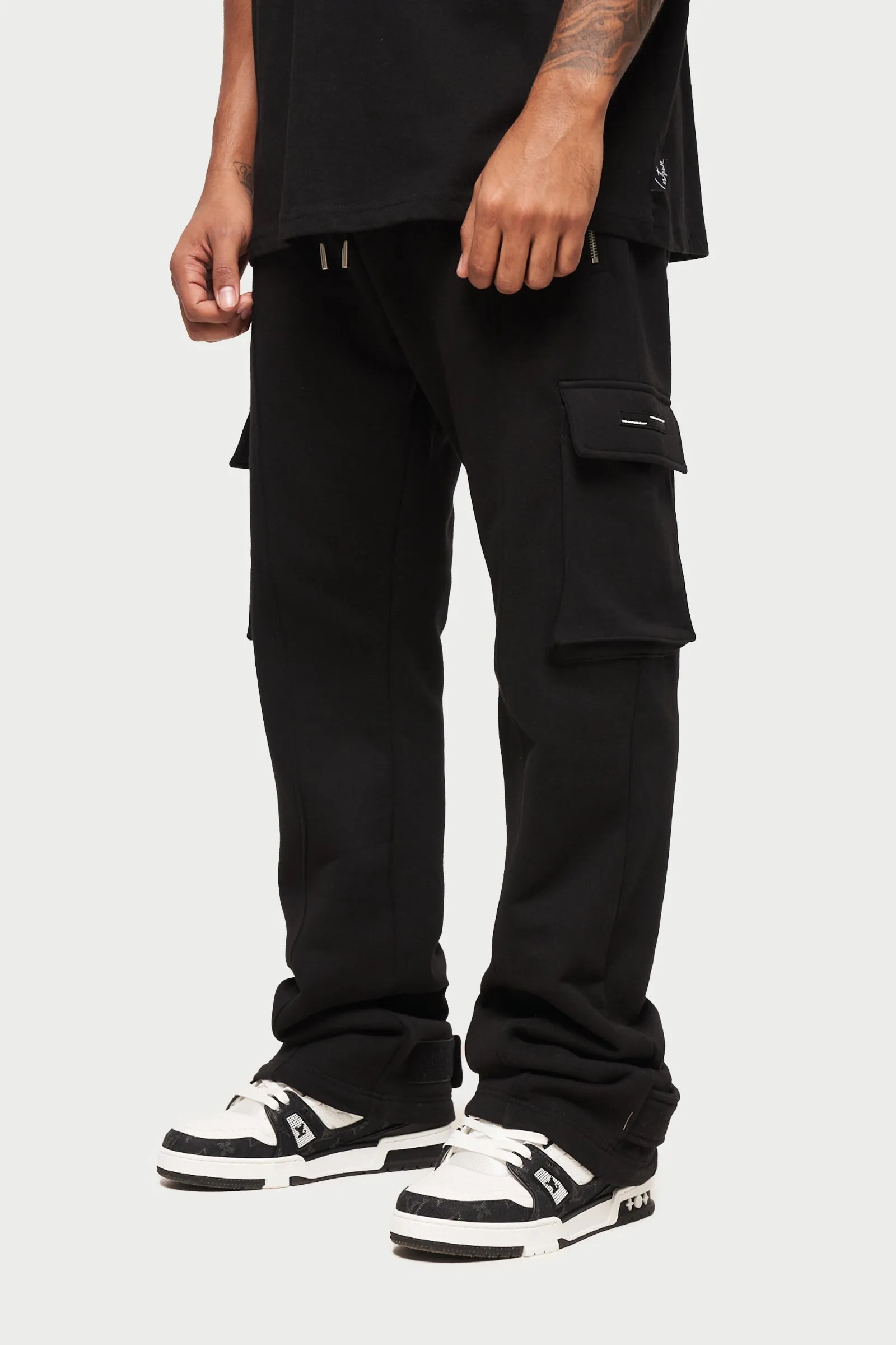 ZIP DETAIL WIDE LEG JERSEY CARGO JOGGERS - BLACK